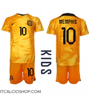 Olanda Memphis Depay #10 Prima Maglia Bambino Mondiali 2022 Manica Corta (+ Pantaloni corti)